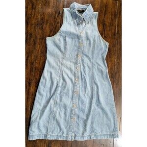 VINTAGE BLUE 90s Y2K Denim Mini Shirt Dress Sleeveless Light Wash 3/4 GRUNGE